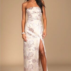 Lulu’s Redefine Regal Pale Pink Floral Jacquard Strapless Maxi Dress - NWT